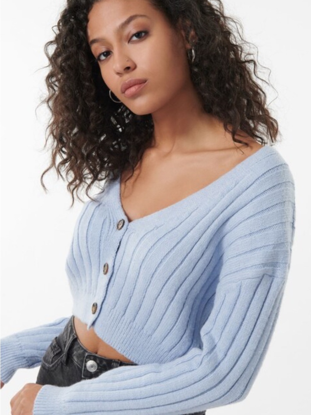 Garage Light Blue Ribbed V-Neck Cropped Cardigan